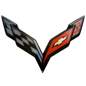 C7 Corvette BLACK Crossed Flag Wall Emblem Large Metal Art 14 thru 19 Full 24" by15"