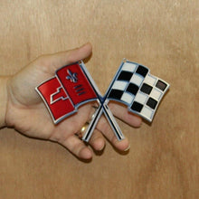 Load image into Gallery viewer, C2 Corvette Nose Crossed Flag Metal Magnet Emblem Art Size: 6&quot; x 4&quot; 65 thru 66
